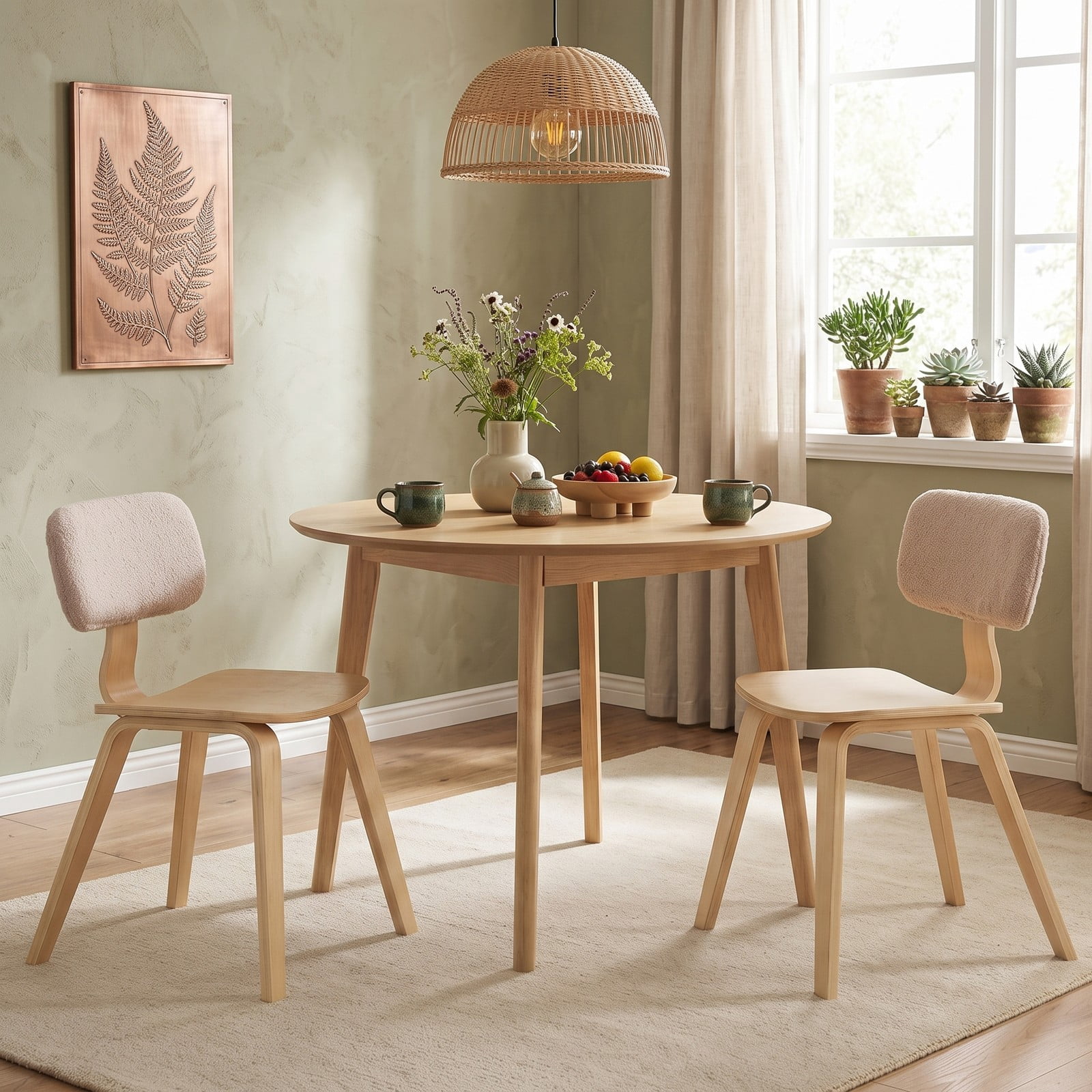 Furnibear Set of 2 Rubber Wood Dining Chairs with Teddy Velvet Padded Backrest, Upholstered Kitchen Side Chairs with Curved Back and Contoured Seat for Home, Natural