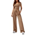 thumbnail image 3 of Lumtrix 2 Piece Sets for Women Summer 2026 Spring Summer Ribbed Lounge Set Matching V Neck Crop Tops Wide Leg Pants with Pockets Airport Travel Outfits Khaki M, 3 of 4