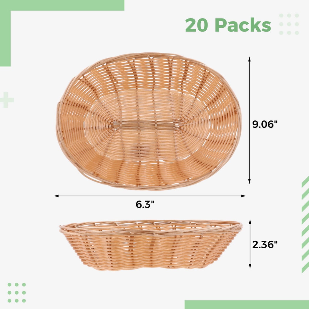 20 Packs Bread Serving Baskets, Handwoven Fruit Food Serving Baskets Made of PP Plastic Wicker, Rustic Oval Woven Food Storage Baskets for Tabletop, 9" x 6" x 2.4"