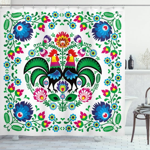 Ambesonne Folk Shower Curtain, Traditional Ukrainian Rooster, 69"Wx75"L, Multicolor
