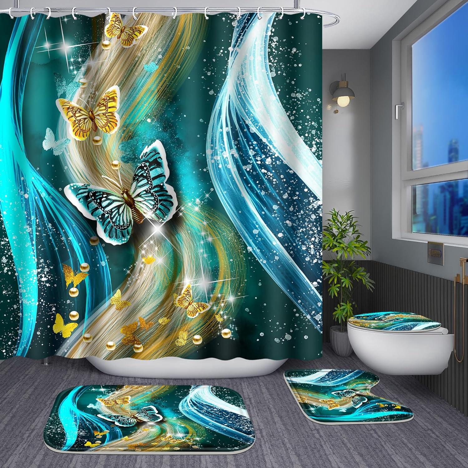 4 Pcs Bathroom Shower Curtain Set,Light Butterfly Bathroom Sets with Rugs(Bath Mat,U Shape and Toilet Lid Cover Mat) and 12 Durable Hooks 71x71in