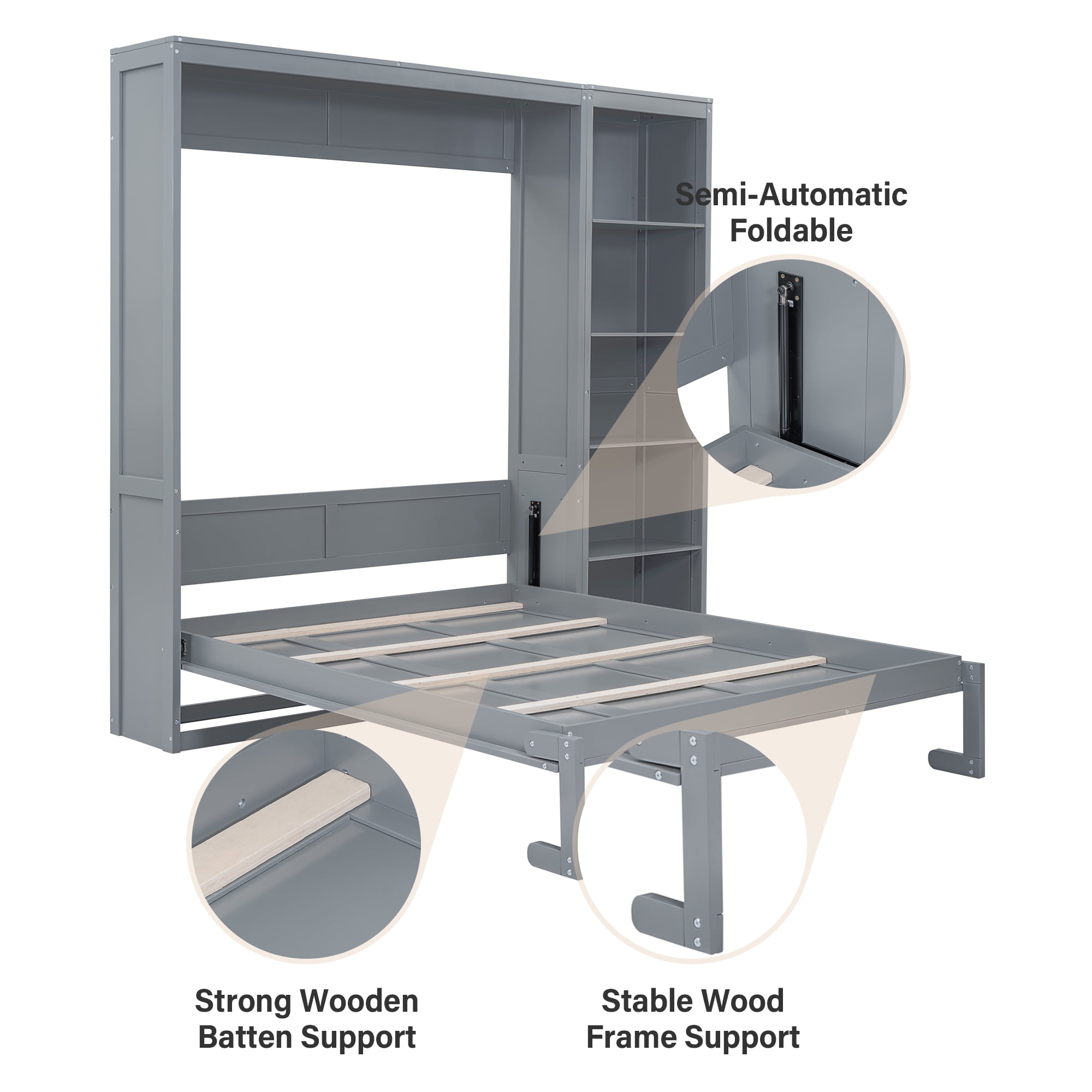 Aukfa Queen Murphy Bed, Wood Cabinet Bed Frame with Adujstable Shelves, Foldable Platform Wall Bed Frame for Guest-Room, Home, Office, Gray