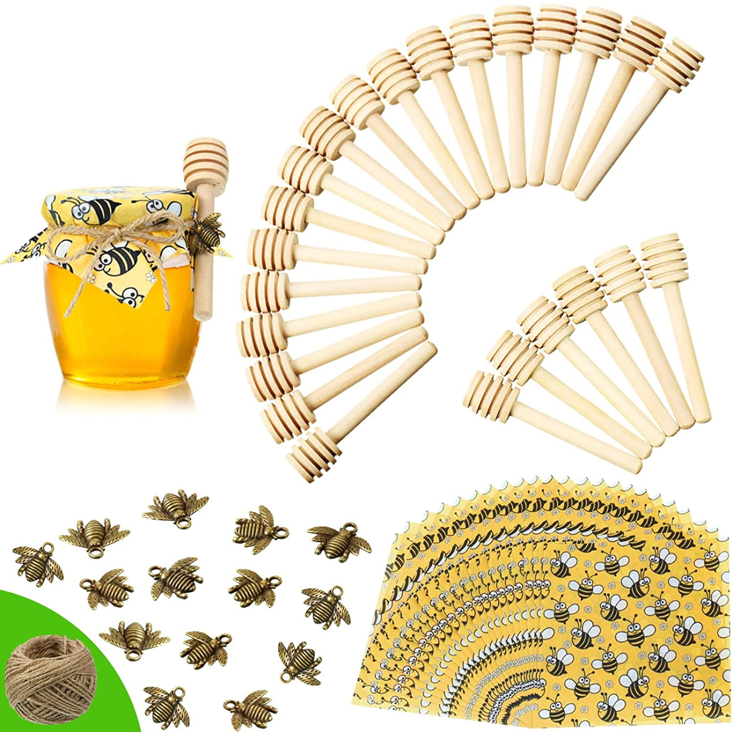 3 Inch Wooden Honey Dipper Sticks Set Honey Dipper Sticks Honeybee Charm Pendants Decorative Bee Wrapping Paper with Jute Hanging Rope for Honey Jar DIY Crafts 73 Pieces 