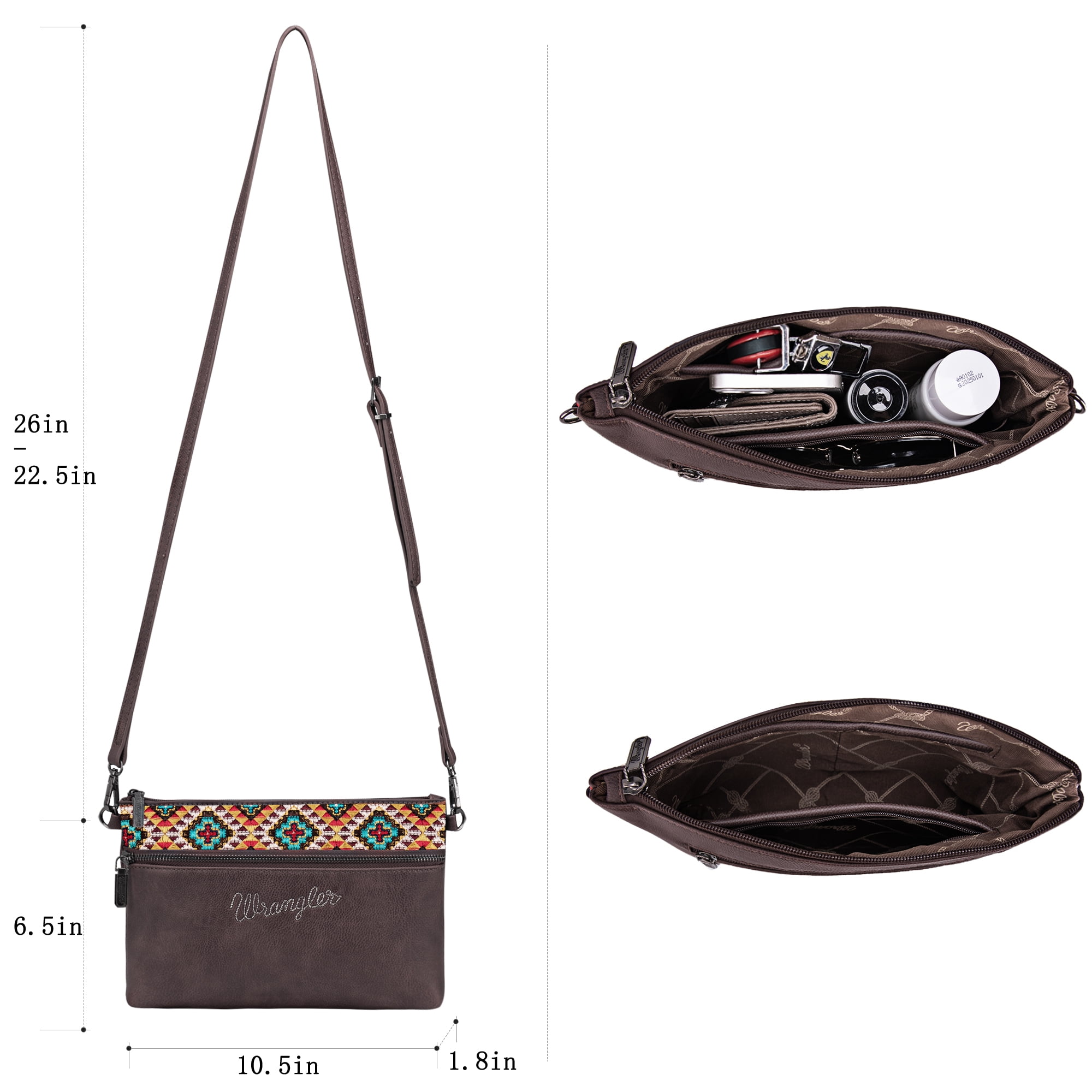 Wrangler Western Cowhide Crossbody Bags for Women Clutch Wristlet Purse, Embroidered-coffee