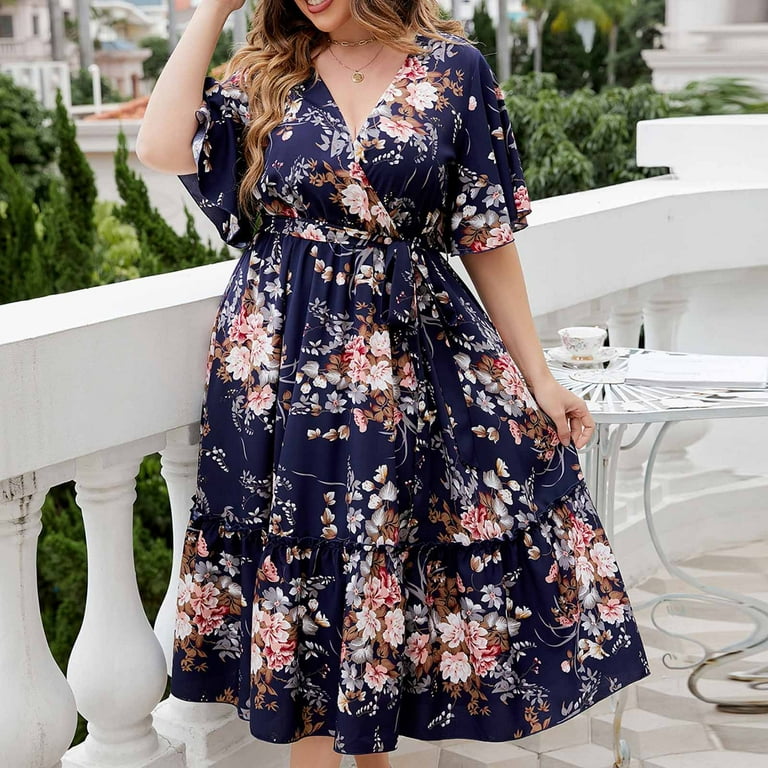 Womens Plus Size Dress V Neck Going out Dresses for Women Summer Casual  Loose Hide Belly Flowy Print Midi Dress