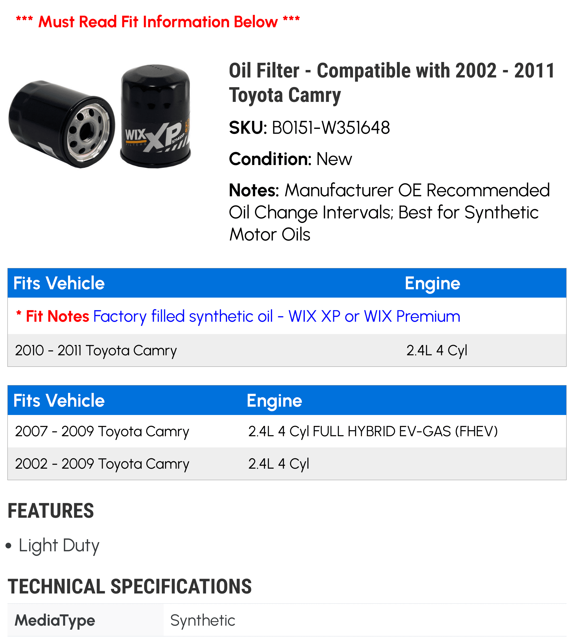 Oil Filter - Compatible with 2002 - 2011 Toyota Camry 2003 2004 2005 2006 2007 2008 2009 2010