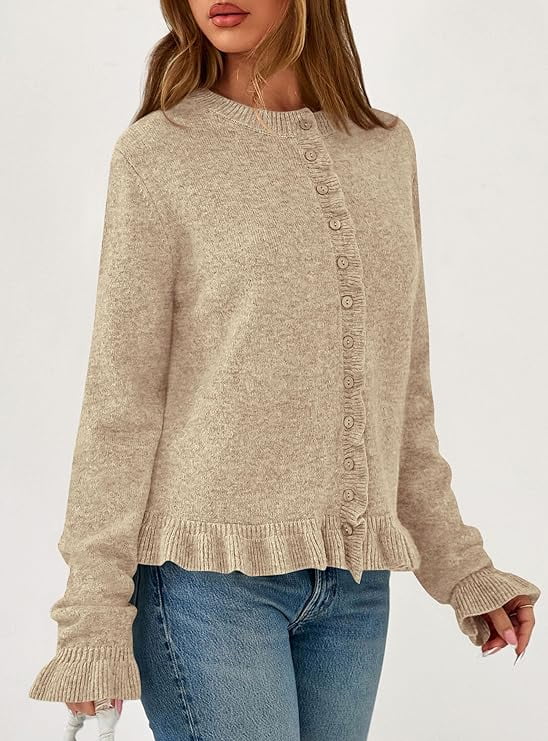 Womens Fall Button Down Cardigans Chunky Knit Ruffle Open Front Cropped Cardigan Sweaters Soft Long Sleeve Tops - image 3
