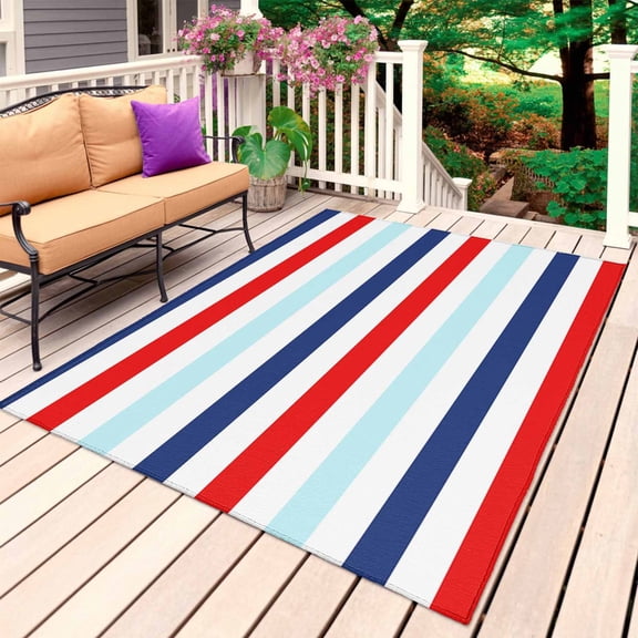 Blue Red Striped Outdoor Rug for Patio/Deck/Porch, Non-Slip Large Area Rug 6 x 9 Ft, Farmhouse Stripes Simple Art Indoor Outdoor Rugs Washable Area Rugs, Reversible Camping Rug Carpet Runner