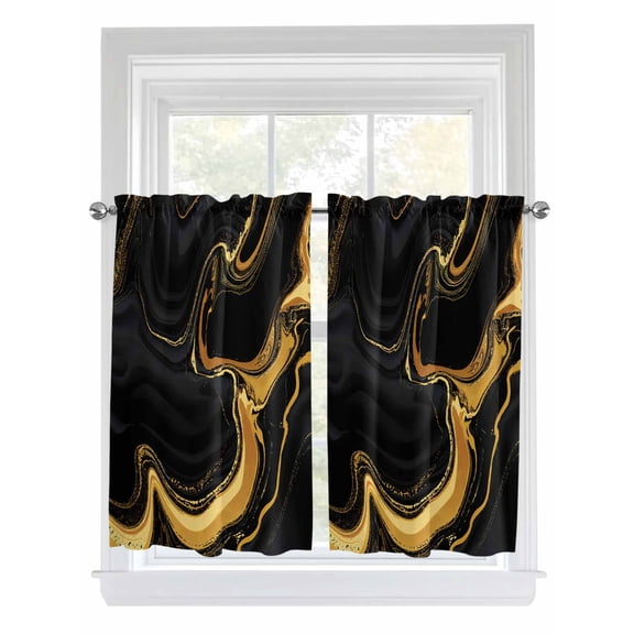 Tier Curtains 45 Inches Long, Marble Black Window Treatment Curtain Drapes, Vintage Gold Art Abstract Farmhouse Window Half Privacy Curtains for Bedroom Bathroom, 42"x45", 2 Panels