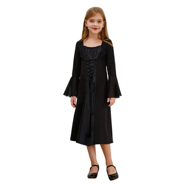 iiniim Enfants Filles Costume Médiéval Renaissance Rétro Vintage Robe à Manches Évasées Halloween Cosplay Xmas Tenues de Fête Noir 6