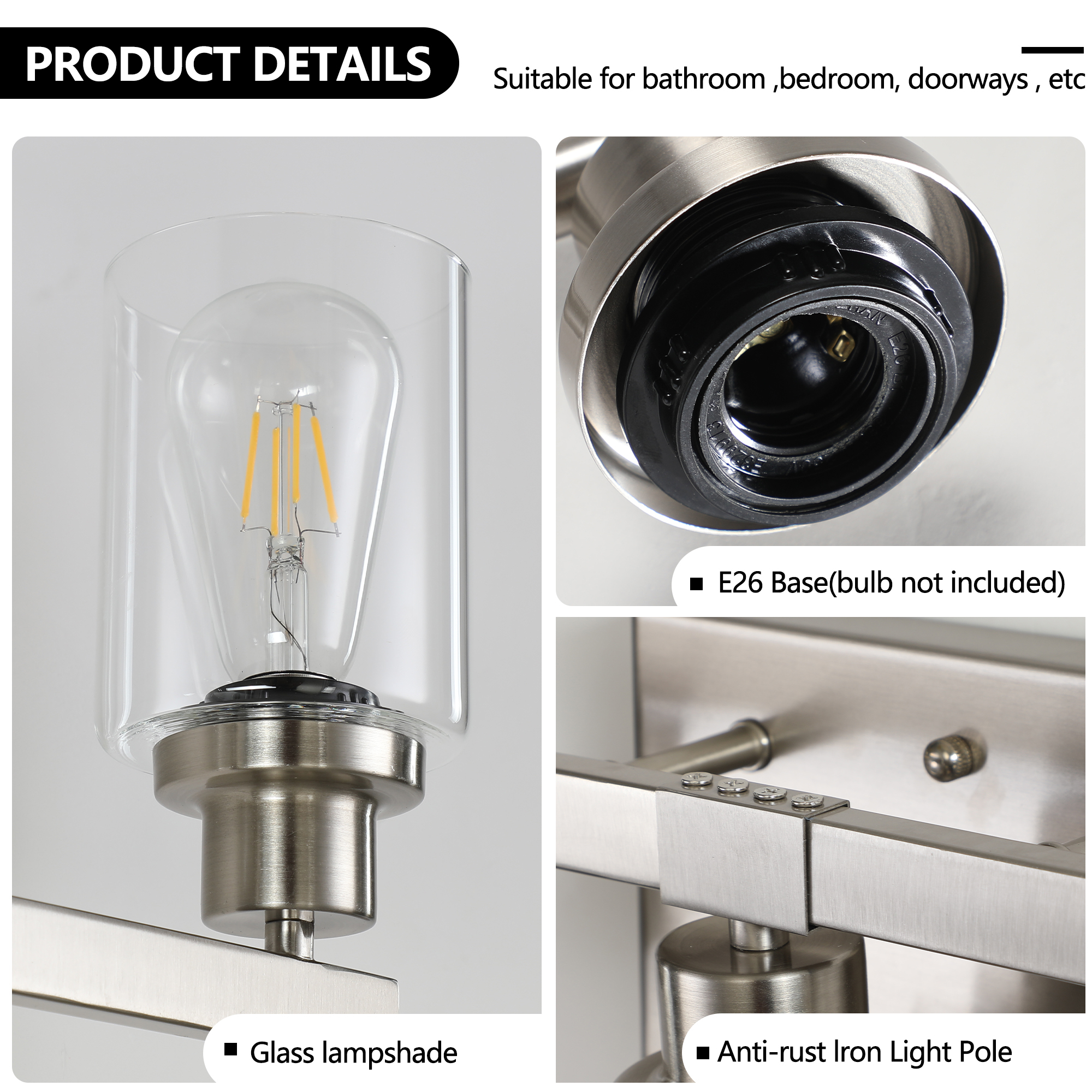 Leumius Modern 5-Light Bathroom Vanity Light Fixture - Brushed Nickel Finish with Clear Glass Shades, Perfect for Bathroom, Vanity and Dressing Area Lighting (No Bulbs)