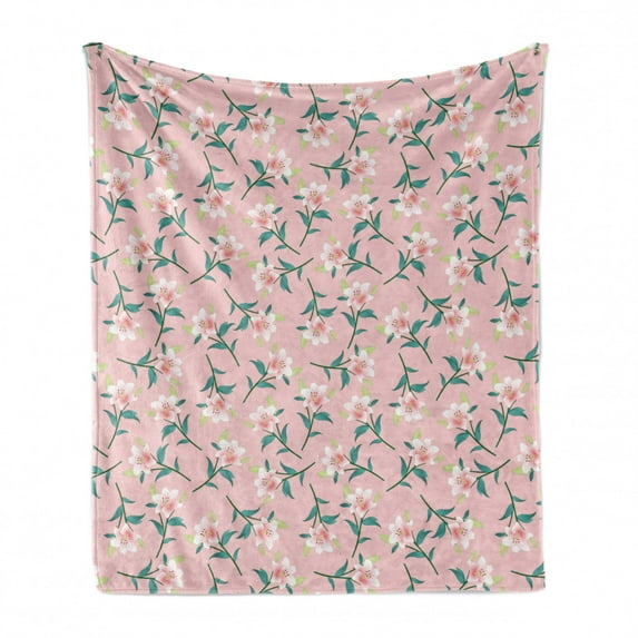 Romantic Soft Flannel Fleece Blanket, Madonna Lily Blossoms Lilium Bouquets Pastel Winter Branches Pattern, Cozy Plush for Indoor and Outdoor Use, 70" x 90", Teal Pale Pink and Green, by Ambesonne