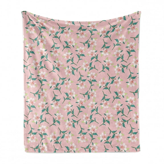 Romantic Soft Flannel Fleece Blanket, Madonna Lily Blossoms Lilium Bouquets Pastel Winter Branches Pattern, Cozy Plush for Indoor and Outdoor Use, 50" x 70", Teal Pale Pink and Green, by Ambesonne