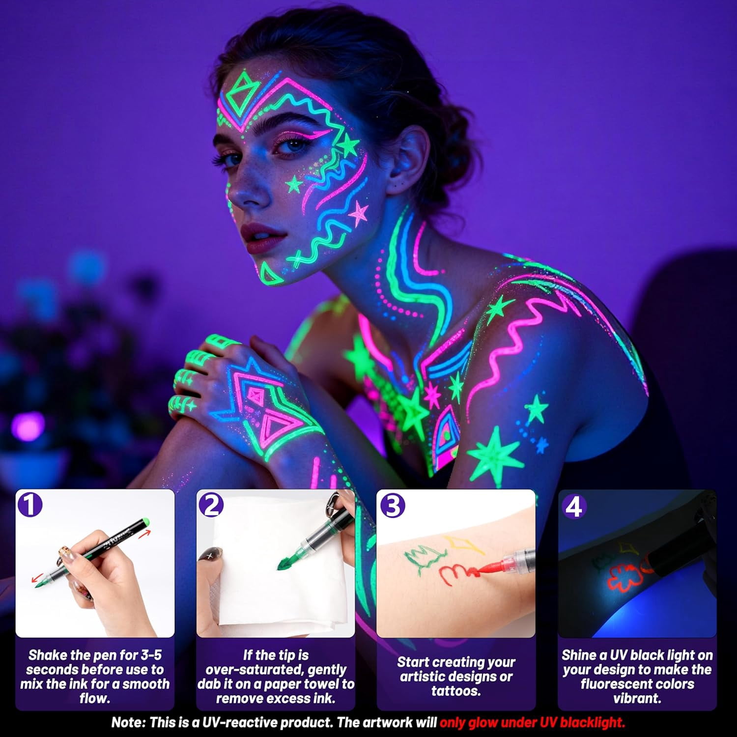UV Neon Face Paint Markers 8/18 Colors, Glow in the Dark Body Paint Pens for Skin, Washable Temporary Tattoo Markers for Halloween Party Cosplay