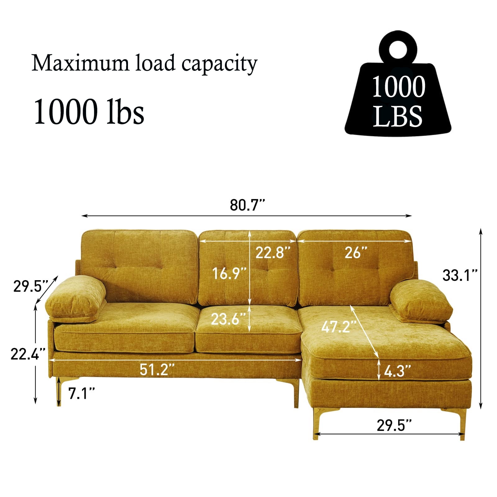 INGALIK Convertible Sectional Sofa Couch, L-Shaped Couch with Reversible Chaise Lounge, Chenille Fabric Modern Sofa for Living Room, Apartment, Office, 3 Seats, Yellow