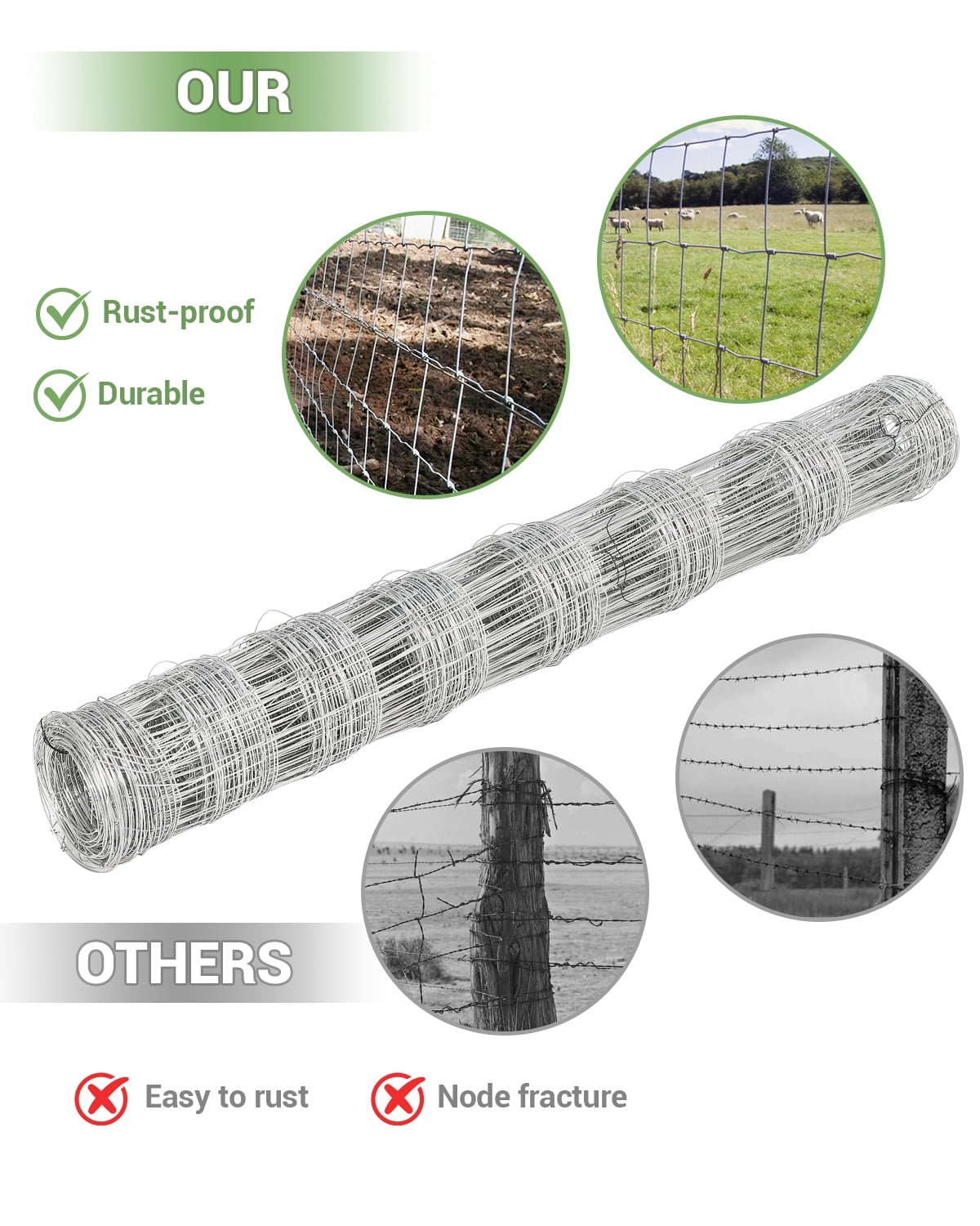 Mescukay 4 x 328 FT Farm Fence Galvanized Steel Wire Mesh, Livestock Enclosure for Goats, Deer, Hogs, Cattle, Rust Resistant Animal Protection Fencing
