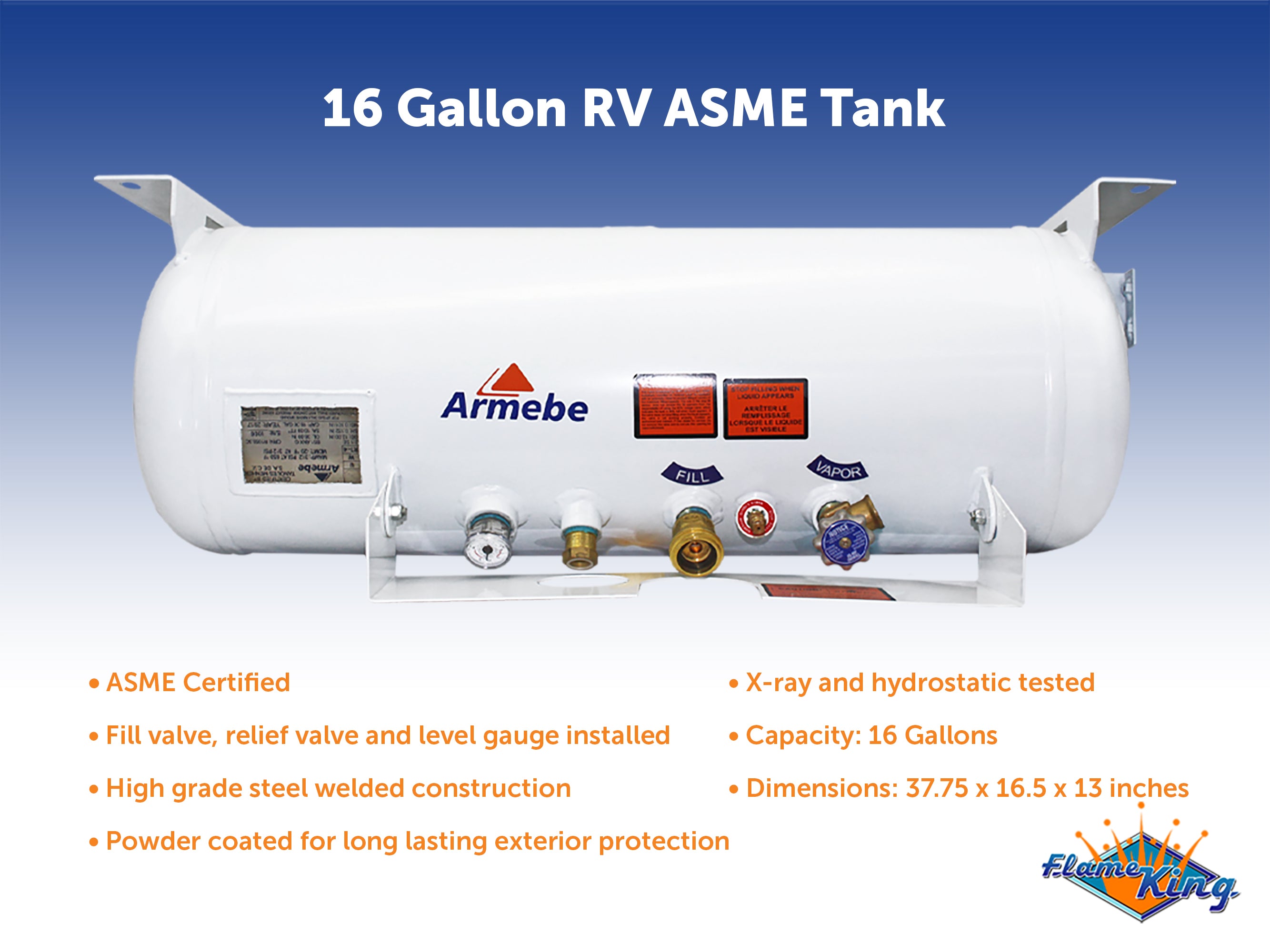 Flame King 16-Gallon ASME Horizontal Propane Tank for RV, Food Trucks, Van, or Trailers - YSN16