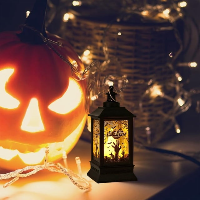 Farol Portátil de Halloween con Velas y Luces Led | Ideal para Fiestas En Interiores y Exteriores | Plástico Negro | 14 X 6,1 X 6,1 Cm | Funciona con Pilas | 56,15 G | Decoración Espeluznante y Acces