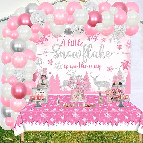 Snowflake Baby Shower Decorations, A Little Snowflake Is On The Way Backdrop Cake Topper Balloon Garland Arch Kit Tablecloth Pink for Girls Winter Baby Shower Party Supplies
