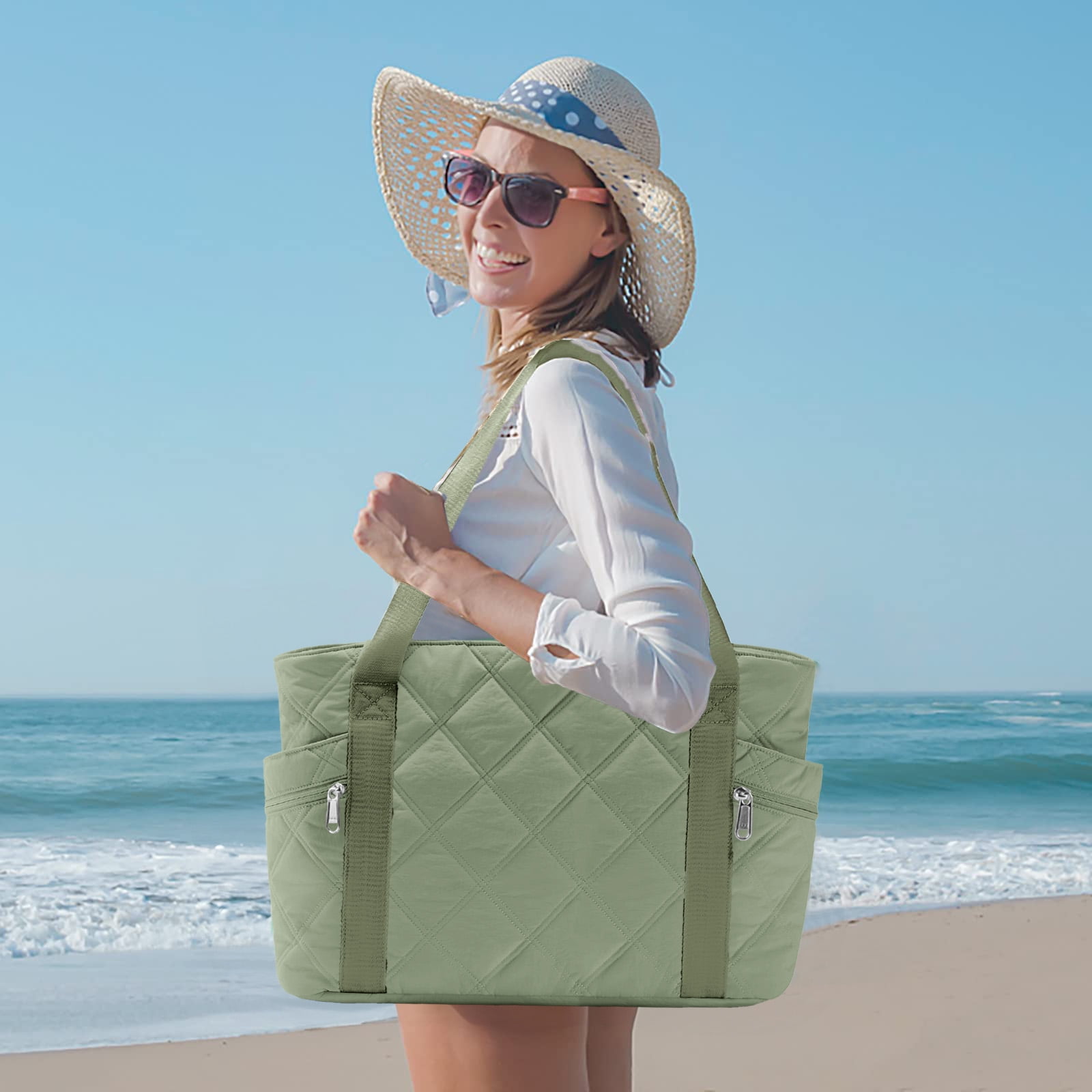 Gynky Tote Bag for Women Travel Bags Quilted Carry On Shoulder Bag for Travel Gym Weekend, Green