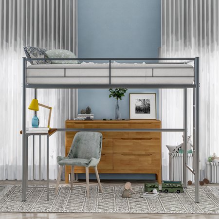 paproos Loft Beds for Kids  Modern Twin Size Metal Loft Bed Frame with Desk  Ladder and Safety Guardrails  Space Saving  Twin Loft Bed for Girls Boys Teens  Silver