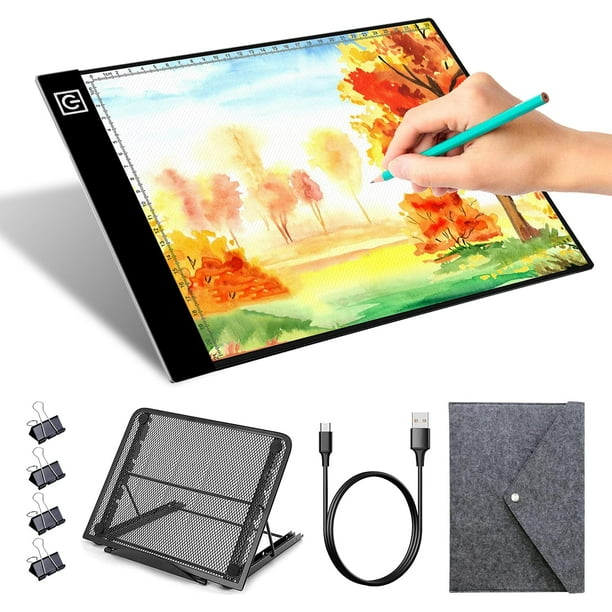 A4 Light Board, Portable Light Table Ultra-Thin Dimmable Tracing Light Pad,  Diamond Painting, Drawing, Sketching, Animation Light Box for tracing with  4 Binder Clips, Metal Stand and Felt Bag 