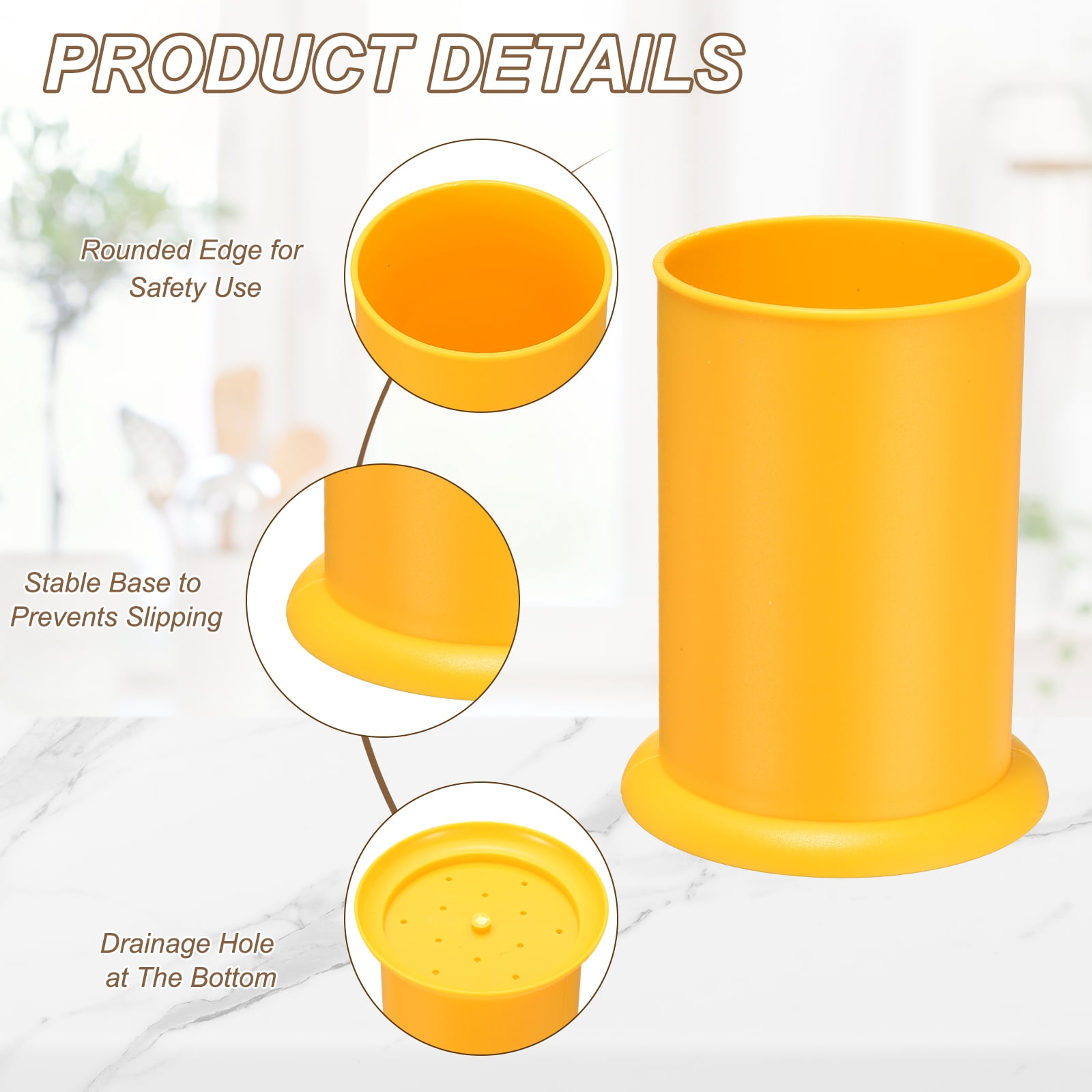 Uxcell Kitchen Utensil Holder, 5x6.5" Plastic Utensil Cutlery Holder Round Flatware Organizer with Drain Hole for Kitchen Restaurant Countertop Straw, Spoon, Chopstick, Yellow
