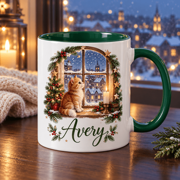 Personalized Cat Christmas Window Name Ceramic Coffee Mug Winter Gift