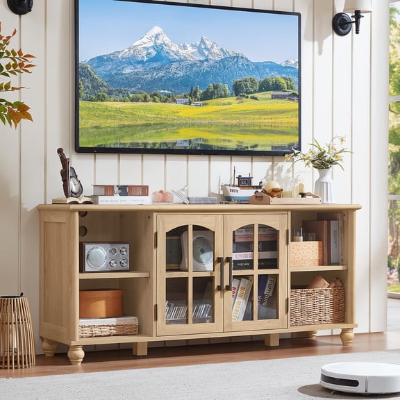 LELELINKY Farmhouse TV Stand for 60-65 Inch TV, Wood Entertainment Center with Adjustable Shelves & Glass Doors for Living Room, Bedroom, Natural