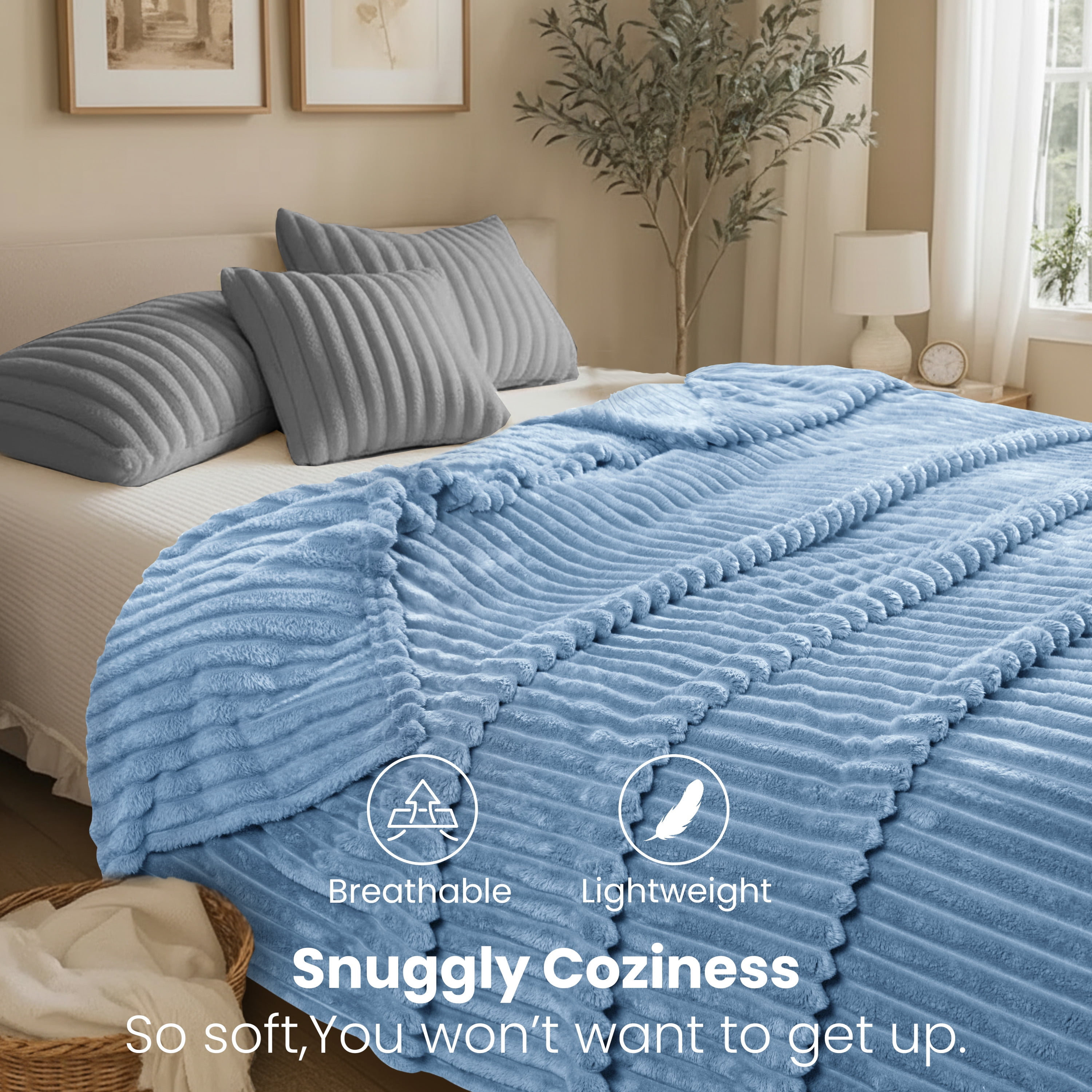 Fleece Blanket Queen Size 90" x 100" - 400GSM Oversized Soft Throw Blanket, Lightweight with Stripes Design Winter Blanket for Bed Sofa Couch