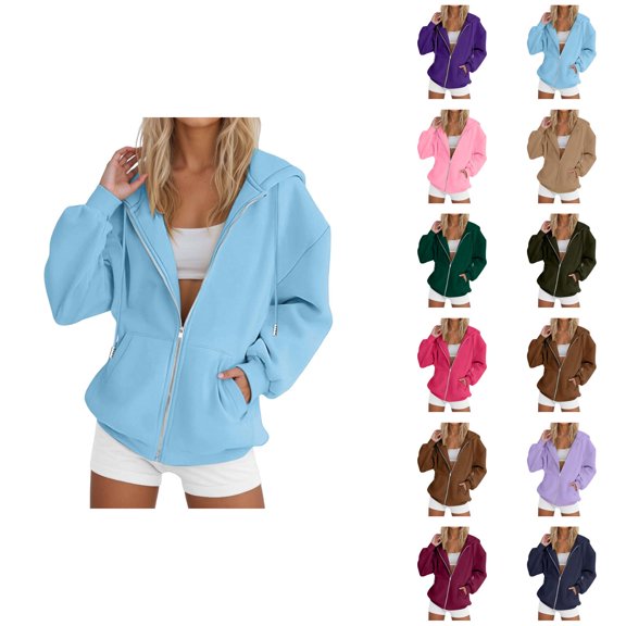 Zip Up Plain Hoodie for Women 2025 Casual Fall Winter Long Sleeve Basic Hooded Sweatshirt with Pockets Jacket Outerwear