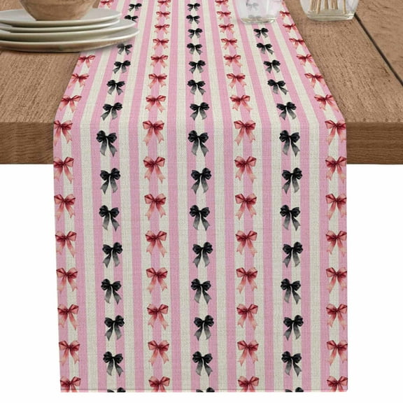 Sweet Pink Black Bow on Linen Table Runner-70 Inch Long Abstract Stripe Table Runners Linen Burlap Tablerunner for Kitchen Dining Room Holiday Party