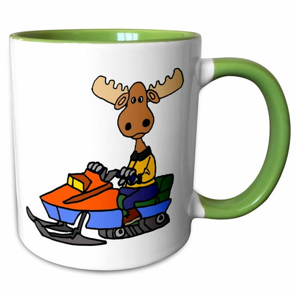 3drose, Cute Funny Moose Driving Snowmobile Cartoon, 11oz Two-tone Green Mug
