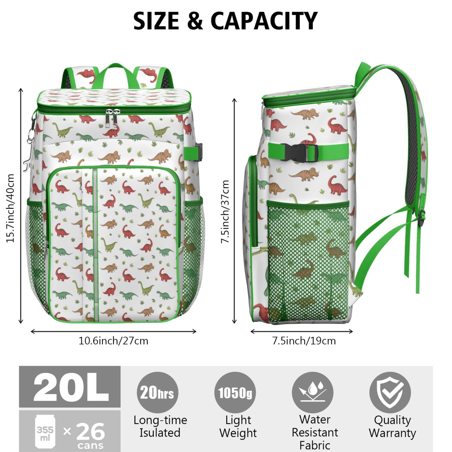 Travel Cooler Bag - White Cartoon Dinosaurs Leaves Pattern Camping Beer Cooler Backpack with Bottle Opener- Waterproof Insulated Picnic Backpacks - Cooler Bag for Beach