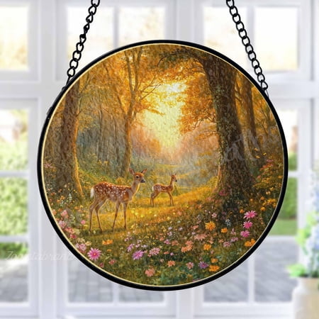 Deer Forest Stained Glass Suncatcher Metal Outdoor Decor Enchanted Forest Golden Hour