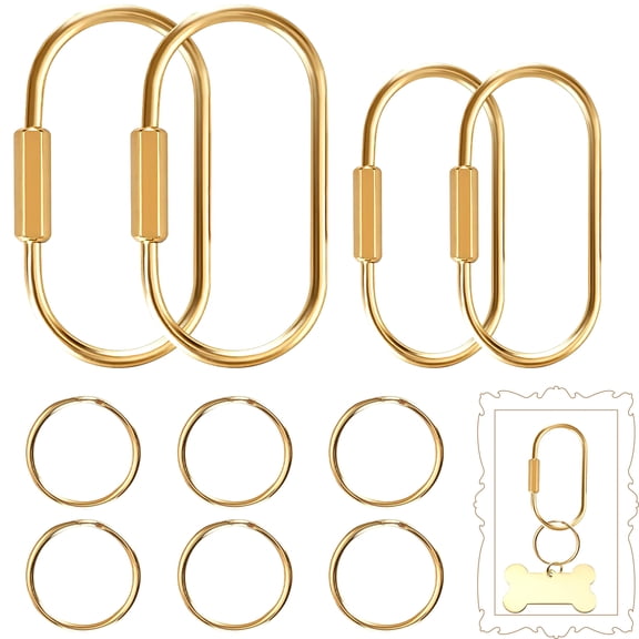 4Pcs Golden Brass Key Rings, Dog Leash Clasps Dog Tag Holders Brass Screw Lock Keychain Clip for Pet, Keys, Purse Bag Charms, Handbags, Golden Carabiner with 6 O-Rings