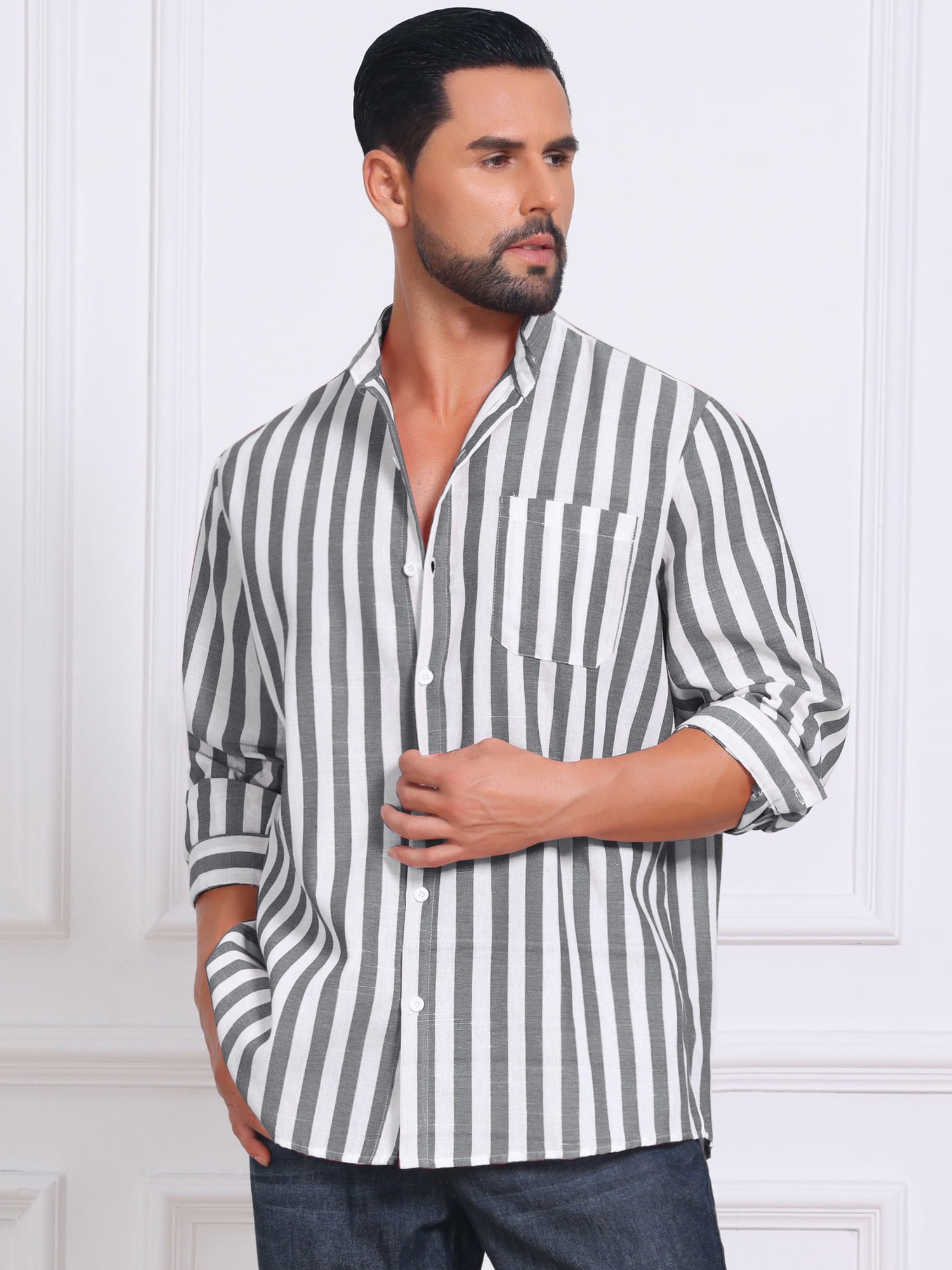 DARING DIVA Men's Striped Stand Collar Long Sleeve Button Down Shirt XL Black