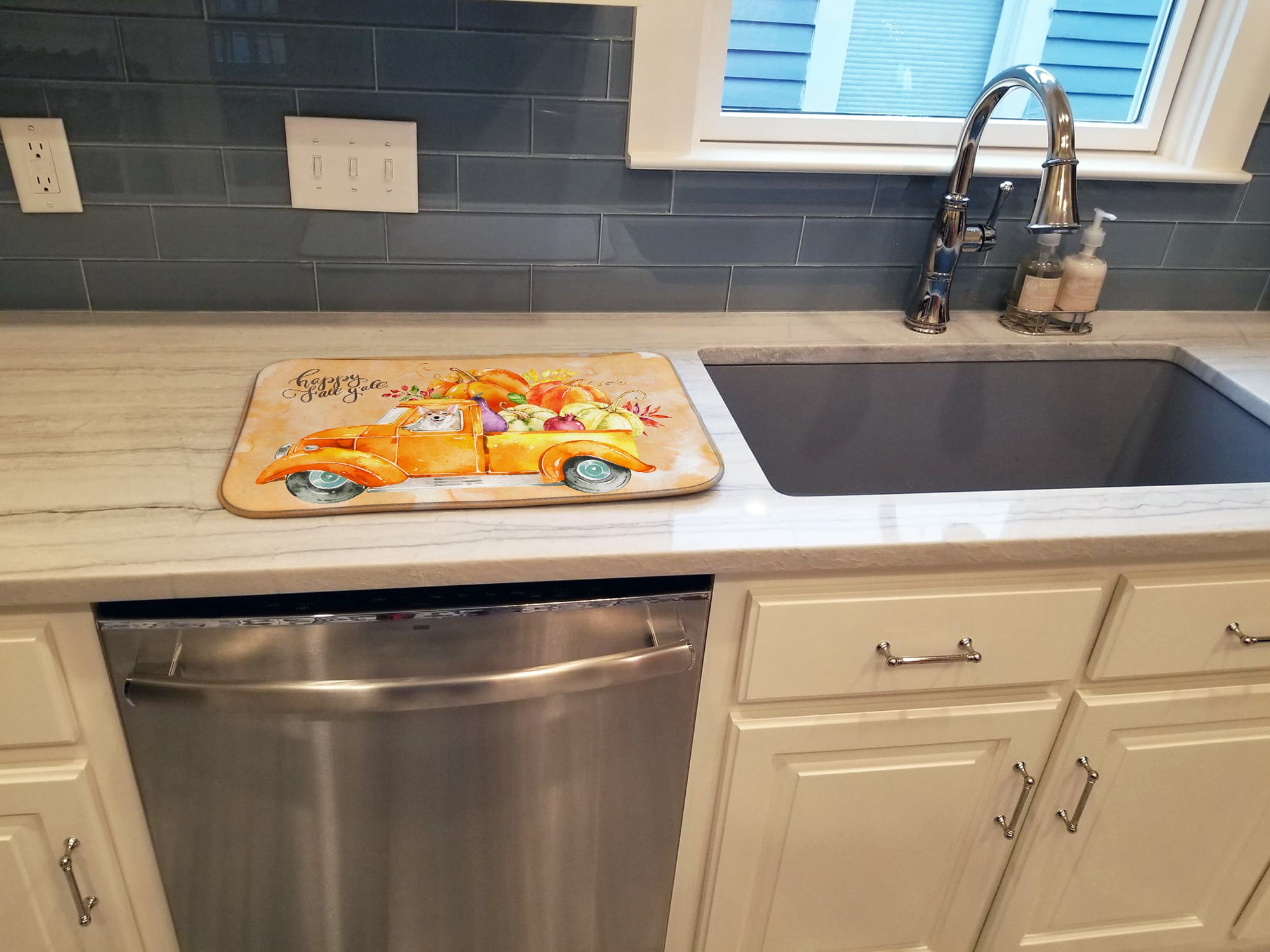 Fall Harvest Corgi Dish Drying Mat