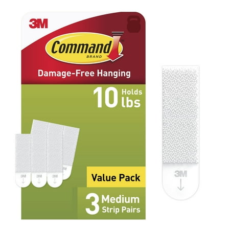Command Picture Hanging Strips, White, Medium, 3 Pairs of Strips/Pack
