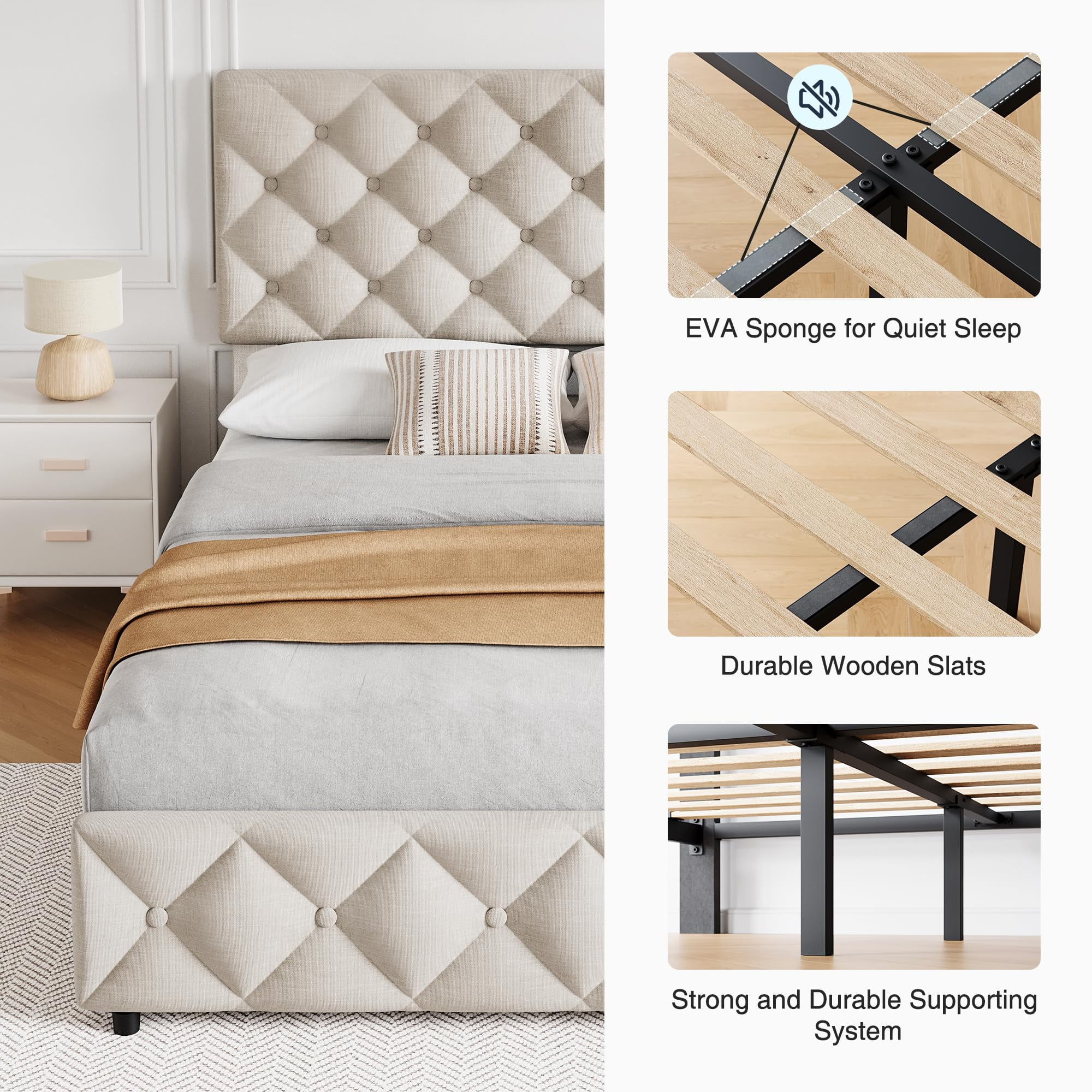 2025 New Queen Size Bed Frame with 4 Storage Drawers, Faux Leather Upholstered Platform Bed Frame with Adjustable Headboard, Diamond Stitched Button Tufted, No Box Spring Needed