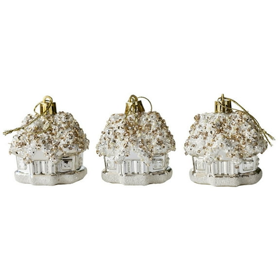 Christmas Castle Ornaments, White Plastic Christmas Tree Decoration, Plated Finish with Intricate Details, Set of 3 for Holiday Tree Accessories