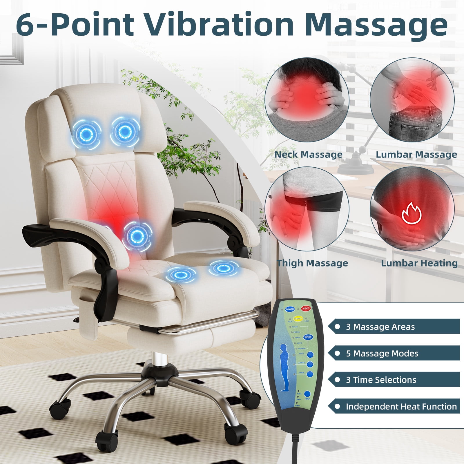 6-Point Massage Office Chair with Heat, Ergonomic Reclining Desk Chair with Footrest, Soft Chenille Fabric Executive Chairs for Home Office, Comfortable Computer Chair Gift for Women, Beige
