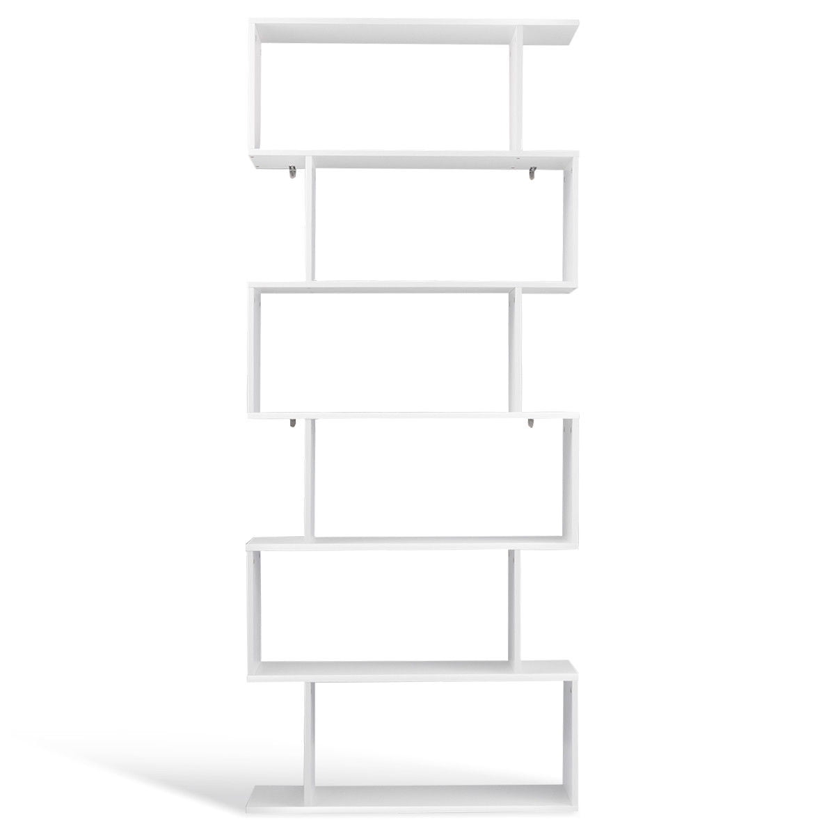 Gymax 6-Tier S-Shaped Modern Bookshelf, White Bookcase with