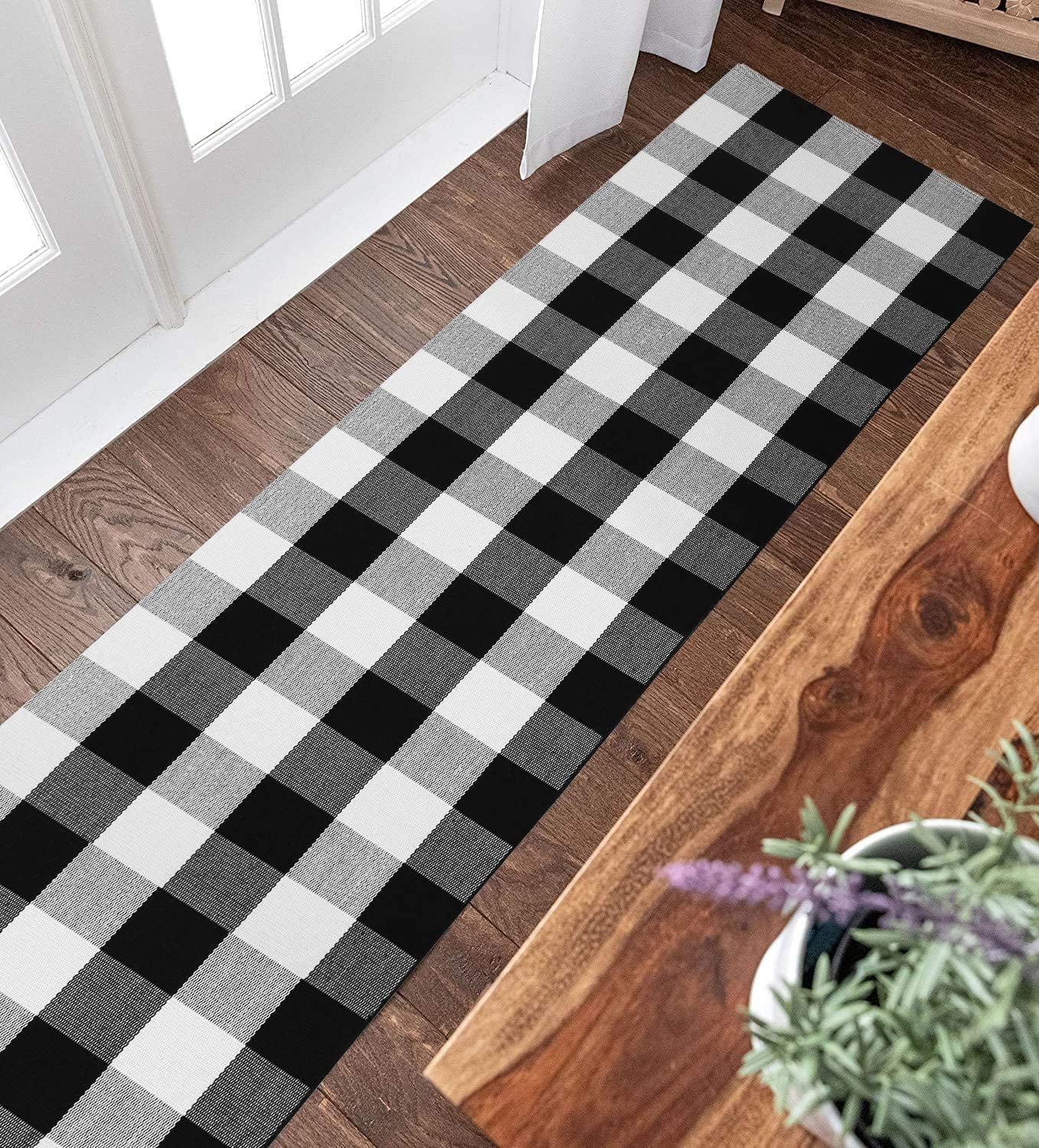 Sanmadrola 2'x6' Buffalo Plaid Runner Rug Red and Black 2'x6', Buffalo Check Rug Runner Hallway Entry Carpet, Cotton Hand-Woven Washable Outdoor Rug Runner Entryway/Front Porch/Bedroom