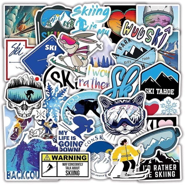 50Pcs Skiing Stickers, Snowboard Stickers, Winter Ski Sports Stickers, Adventure Nature Outdoors Waterproof Vinyl Stickers for Teens Adults Laptop Wat