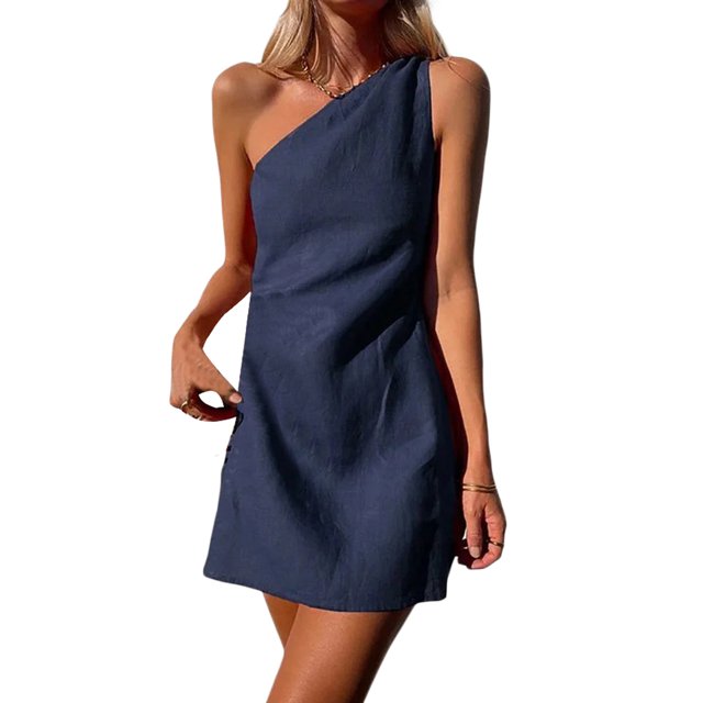 Lucakuins Mini vestido de verano para mujer, casual, un hombro, sin mangas, color sólido, vestido ajustado Lucakuins moda