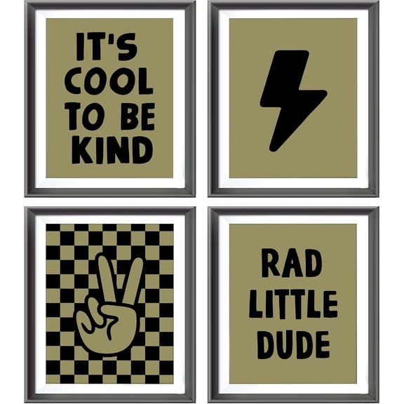 Retro Black Checkered Preppy Lightning Peace Hand Sign Poster Prints for Boy Teen Room Dorm Decor,Lake Blue Rad Little Dude Funny Decorations Prints Wall Art Unframed 4pcs,Teen Boys Gifts