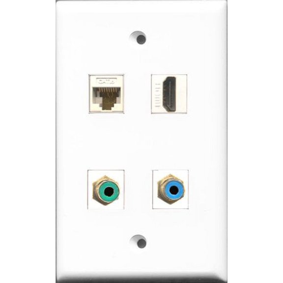 RiteAV 1 Port HDMI and 1 Port RCA Green and 1 Port RCA Blue and 1 Port Cat6 Ethernet White Wall Plate