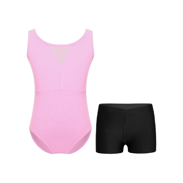 Moggemol Ensemble de Danse Patchwork en Maille Transparente pour Filles, Justaucorps Sans Manches avec Short, Rose 16