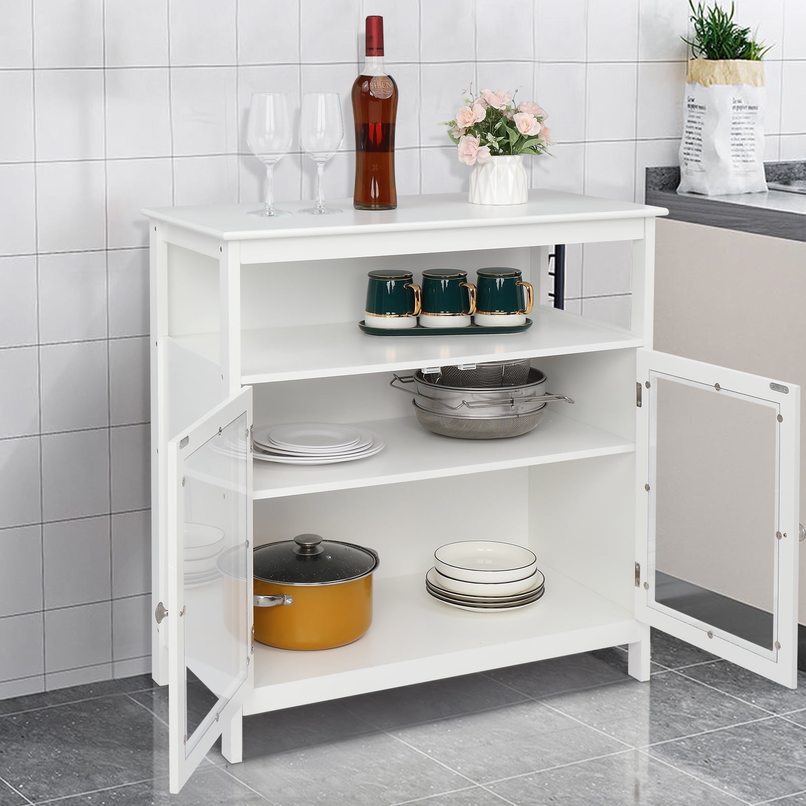 Kepooman Contemporary Sideboard, Transparent Double Doors Buffet Credenza With Middle Storage Layer MDF NC Spray Paint Sideboard, White Kepooman Contemporary Sideboard, Transparent Double Doors Buffet Credenza With Middle Storage Layer MDF NC Spray Paint Sideboard, White